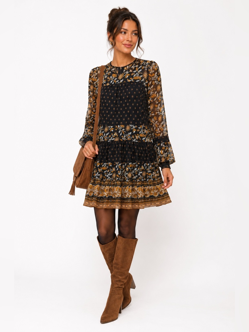 Michael Kors NWT Boho Floral Tiered Long-Sleeve Flowy Sparkle Dress Size XXS